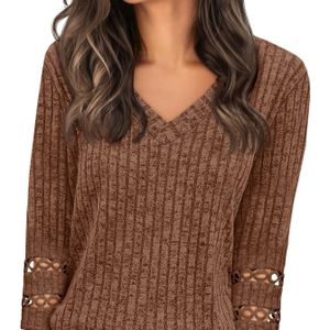 Vrouwen Casual V-Hals 3/4 Mouw Trui - Losse Pasvorm Pullover met Kantafwerking, Lichtgewicht Top voor Casual Kleding, Kant Afwerking Trui, Veelzijdige Mode, Elegante Kant Details, Zachte Textuur