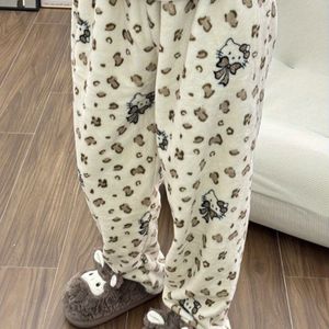 Sanrio voor for hello kitty met Leopard Print Pluche Pyjama Broek voor Vrouwen, Nieuwe Verdikte Warme Casual voor Herfst/Winter