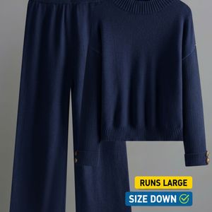 Vrouwen Elegante Lounge Set met Geribde Trui en Wijde Broek - Zacht Tweedelige Herfst-Winter Outfit, Comfortabele Casual Loungewear in Kleur