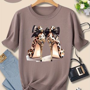 Women's Casual Stylish Versatile Leopard Print High-heeled Shoes Pattern Round Neck Short Sleeve Sweater
