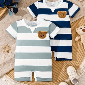 Baby Boys Twee-Delige Korte Mouw Gestreepte Beerpatroon Bodysuit, voor Buiten