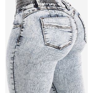 1pc High-Waisted Skinny Jeans voor Vrouwen, Kleur Denim met Vlokken Detail, Stijl, Alle Seizoenen, Hoge Stretch Stof, Geweven , 3-Knoopsgordel met Ingebouwde Riem