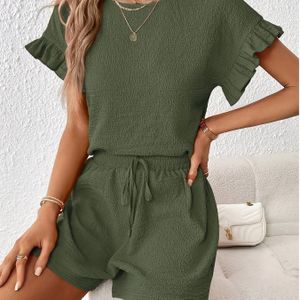 Vrouwen Textuur Ruffle Afwerking Korte Mouw Top En Shorts Zomer Casual Tweedelige Set