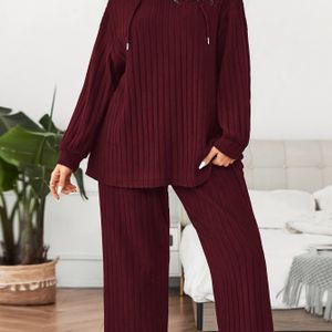 Plus Size Knitted Hoodie And Pants Set - Casual Polyester Fiber Sweatshirt And Trousers Combo, Elastic Solid Color Jumpsuit With Hood