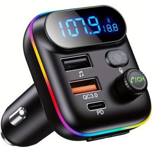 Adapter voor auto, draadloze FM-radiozender, Wireless 5.0, MP3-muziekspeler, QC3.0 + PD 20W USB-, 7 kleuren LED
