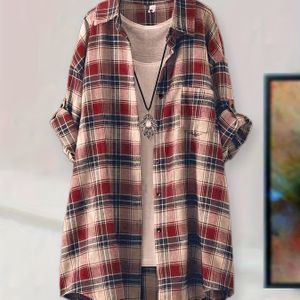 Women's Casual Shirt Longline Loose Fit Collar Button-up Shirt - Earthy Green & Brown Grid Pattern, Machine Washable Versatile Top, Relaxed Fit Clothing, Collar Design, No Stretch Fabric