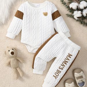 2- Jongens Beer Geborduurde Lange Mouwen Romper + "Mama's Jongen" Geborduurde Broek Set Herfst en Winter Nieuwe Schattige Casual Sportkleding, voor Buiten