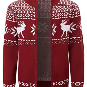 . Heren Kerst Rendier Casual Gebreide Cardigan - Polyester Lange Mouw Pullover met Geribbelde Afwerking, Ronde Hals, Regular Fit voor Herfst/Winter