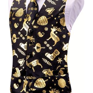 Mannen Festieve Jacquard Vest met Bijpassende Das Set - Polyester V-Hals Feestvest met Knopen Detail, Reguliere Pasvorm Alle-Seizoenen Geweven Vest voor Volwassenen - Kerstvakantiepatroon