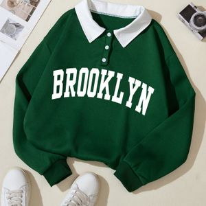 Women's Fashion Brooklyn Letter Print Lapel Collar Sweatshirt - 100% Polyester Knit Fabric, Middle-eastern Style With Button Detail,