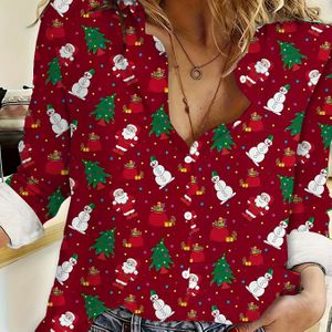 Kerst Sinterklaas Print Shirt | Casual Lange Mouw met Knoopsluiting, Dames Lente en Herfst, Laagste Prijs Promotie