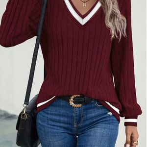 Dames Navy Blauwe V-hals Trui - Elegante Losse Pasvorm Lange Mouwen Blouse, Wasmachinebestendige Wintertruien voor Kantoor of Laagjes, Gezellige Herfst- en Koude Weer Tops