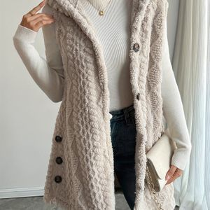 Vrouwen Pluche Mouwloze Vest met Capuchon - Kleur Lange Casual Elegante Jas met Knoopsluiting, Wasmachinebestendig voor Herfst Winter Warmte, Gezellige Textielkleding voor Laagjesstijl