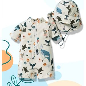Jongens Beige Eendelig Badpak met Hoed - Zwemmen, Volledige Bedekking Bescheiden Ontwerp, Wasmachinebestendig, Geschikt voor Jongens, Zwembad & Strandkleding