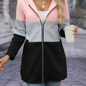 Vrouwen Casual Lange Mouw Kleur Blok Hoodie met Rits - Herfst/Winter Polyester Gebreide Hoodie met Stretch (Polyester 95%, Elastaan 5%)