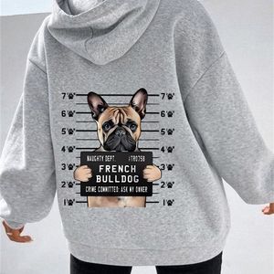 Women's French Bulldog Hoodie With Height Chart Print, Casual Knit Pullover With Kangaroo Pockets, Stretchy Polyester, Fashion Top For & Travel