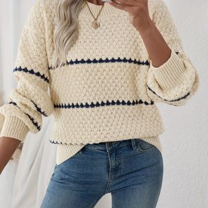 Vrouwen Elegante Beige Trui - Rekbare Pullover, Wasbare Wintertrui voor Dagelijks & Formele Outfits - Stijlvolle Dames Sweater Tops, Casual , Ronde Hals Top, Getextureerde Gebreide Trui