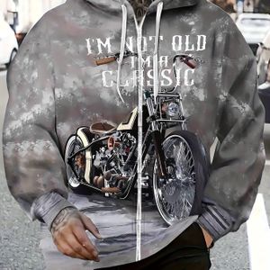 Herren Lightweight Motorprint Hoodie met Rits - 100% Polyester 240gsm, Vintage Geometrisch Design, Regular Fit met Trekkoord Capuchon & Zakken voor Herfst Winter Casual Outdoor