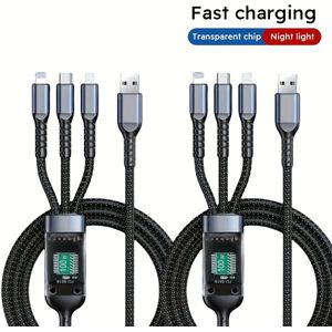 Kadixi 2pcs 1.2m/4ft Nylon Braided 100w Led 3in 1 Digital Display Usb Charging Cable With Type-c, Micro Usb, Ip Port For Iphone Huawei Xiaomi Multiple Charging Wire