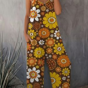 Yutong Dames Plus-Size Bohemian Bloemenprint Spaghettiband Jumpsuit - Off-Schouder Stretchy Zomerromper met Zakken, Machinewasbare Casual Outfit