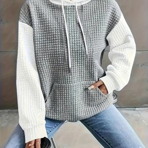 Modieuze Dames Hoodie met Kleurblokken - Casual Pullover met Geribbelde , Lange Mouwen en Trekkoordkap, Perfect voor Herfst/Winter, Herfstgarderobe|Trendy Hoodie|Gebreide Stof, Trui Hoodie