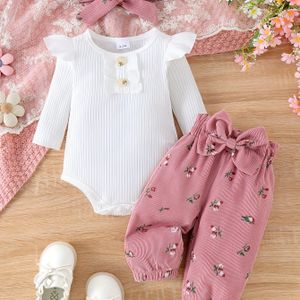 2-delige Meisjes Ribbed Top met Fladdermouwen en Strikdetail + Bloemenbroek Set voor Lente/Herfst, Inclusief Haarelastiekje, Ideaal voor Buiten