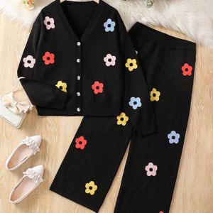 2-delige set met kleurrijk bloemenpatroon vest en gebreide broek | Casual, pasvorm, V-hals, knoopdetails, geschikt voor lente/herfst, voor buiten