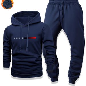 2 stuks Parijs Print Heren Casual Hoodie en Sweatpants Set, Lange Mouw Hooded Pullover met Zakken, Polyester Breiweefsel, Licht Stretch, Reguliere Pasvorm, voor Lente/Herfst/Winter
