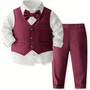 Jongens Herenpak Lente/Herfst Stijl met Gestippeld Overhemd met Lange Mouwen en Bourgondische Vest Broek