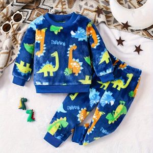 Gezellige Jongens Flanellen Kledingset - Schattige Print, Lange Mouwen Top & Broek voor Herfst/Winter - Zacht, Warme Kleding