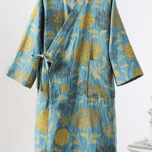 Heren & Dames Yukata Badjas Kimono - 100% Katoen Dubbele Tule Badjas met Kraag, 3/4 Mouw, Losse Pasvorm Unisex Pyjama & Loungewear, Wasmachinebestendig Slaapkleding voor Koppels Matching