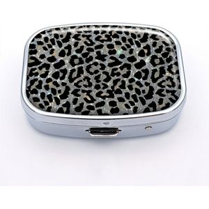 Glanzende zwarte luipaard pillendoos, 2 compartimenten mini decoratieve zakdoekje draagbare reis medicijn tablet vitaminehouder organizer pillendoos