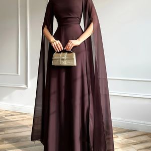 1 stuk Elegante Avondjurk met Cape Mouwen & Lace-Up Rug - A-Lijn Stand Kraag Kleur Trouwjurken voor Dames, Machinewasbaar Lente/Zomer Formele Jurk, Verfijnde Snit