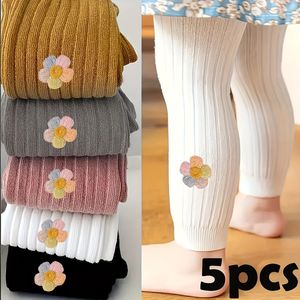 5-Pack Meisjes Gestreepte Leggings met Kleurrijk Bloemenbrei Decor, Perfect voor Casual Kleding