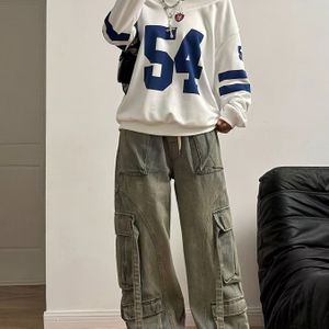 V-hals sportieve zweetshirt voor vrouwen met nummer 54 print, casual lange mouw gebreide pullover met lichte stretch, polyester alfabet oversized sweater voor tieners - lente/herfst