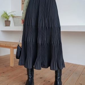 Stijlvolle Zwarte Geplooide Midi-Rok - Afslankende A-Lijn Silhouet, Paraplu Rok voor Vrouwen, Polyester, Lente/Zomer Kleding