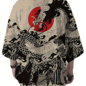 Casual Losse Fit Kimono Cardigan - Zwart & Wit Japanse-geïnspireerde Print met Rode , Lange Mouwen, Alle Seizoenen Draag, Shirt, Chinese Maat, Controleer de Maatgids Zorgvuldig