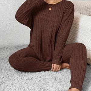 Dames Plus Size Casual Comfortabele Lounge Set, Lange Mouw Crew Neck Geribde Gebreide Top En Leggings Pyjama Twee-Delige Set, Polyester 95.0% Elastane 5.0%, Sleepwear