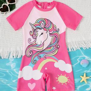Roze Cartoon Eenhoorn Print Meisjes Zomer Vakantie Badpak Eendelig