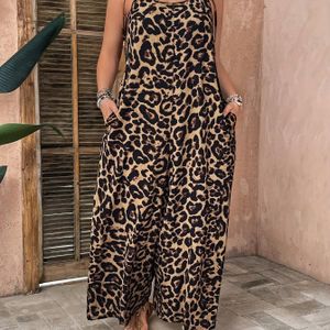 Dames Plus Size Luipaard Print Jumpsuit - J644, Elegante Scoop Neck Gebreide Stof met Lichtrekbare, 100% Polyester, Slingback met Zakken, 165 g/m² Gewicht