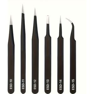 6 stuks ESD precisie pincet set, anti-statistische roestvrijstalen pincet kit voor elektronica, sieraden, ambachtelijke en reparatietools