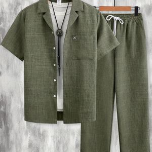 Herenset: Overhemd met Enkele Borstzak, Korte Mouw Strijkprint en Casual Tweedelige Broek met Trekkoord Schuine Zakken