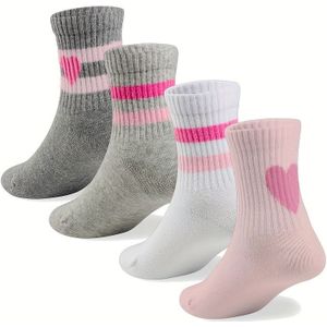 4-Pack Meisjes Kniekousen met Retro Gestreept Hart & Boord Ontwerp - Zachte Pastelkleuren voor Alle Seizoenen (Roze, Wit