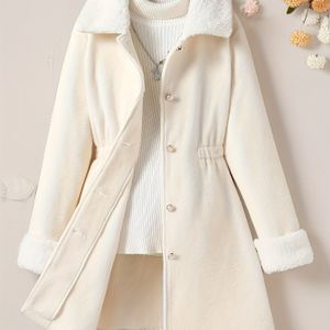 Chique Meisjes Lichtgewicht Polar Fleece Jas - Elegant Beige met Pluche Manchetten & Kraag, Lange Mouwen, Knoopsluiting - Perfect voor Lente/Herfst, Machinewasbaar