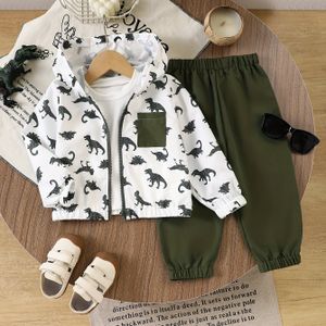 2 stuks Jongens Herfst Print Kleurblok Hoodie en Casual Broek Set voor Peuters, Ideaal voor Buiten