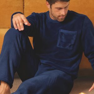 2 stuks Heren Zware Winter Pyjama Set - Dikke Marineblauwe Flanellen Pyjama, Zachte Lange Mouwen Ronde Hals Slaapkleding met Broek & Top, Wasmachinebestendige Knusse Loungekleding voor Koud Weer