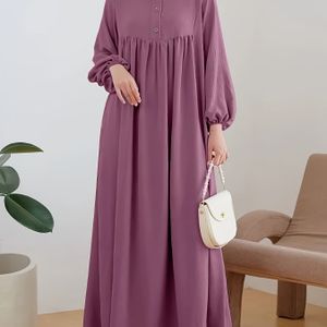 Dubai Stijl Pofmouw Abaya | Kleur Bescheiden Jurk voor Vrouwen, Ramadan, Lente Herfst Casual Kleding, Lange Lengte, Knoopdetails, Losse Pasvorm, Niet-Rekbare Stof