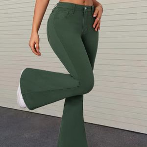 Dames Legergroene Stretch Flare Jeans - Hoge Taille, Klokbroek Denim met Schuine Zakken en Knoopsluiting, Comfortabele Casual Stijl, Casual Wear Jeans|Retro Bellbottoms|Nauwsluitende Jeans