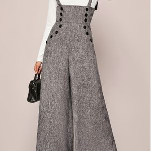 Elegante kleur polyester jumpsuit voor dames met knoopdetail, 95% polyester 5% spandex, overalls met brede pijpen en rugband voor alle seizoenen