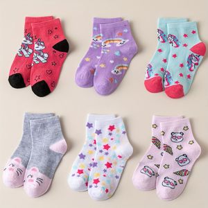 6/12 Paar Schattige Cartoon Sokken voor Meisjes - Eenhoorn, Regenboog, Ster & Kat Ontwerpen | Zachte Polyester Mix, Ademend en Comfortabel Voor Thuis En Spelen